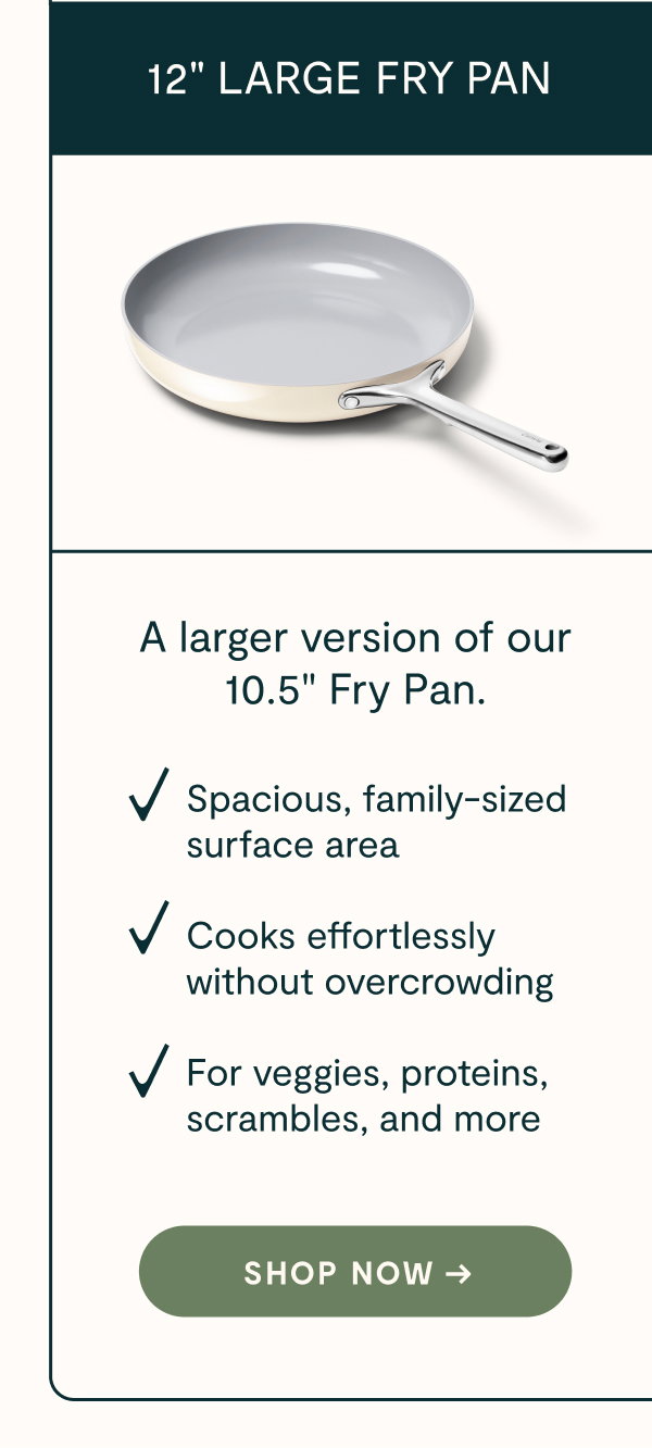 12" LARGE FRY PAN  A larger version of our 10.5" Fry Pan.  ✓ Spacious, family-sized surface area  ✓ Cooks effortlessly without overcrowding  ✓ For veggies, proteins, scrambles, and more  [[SHOP NOW →]]