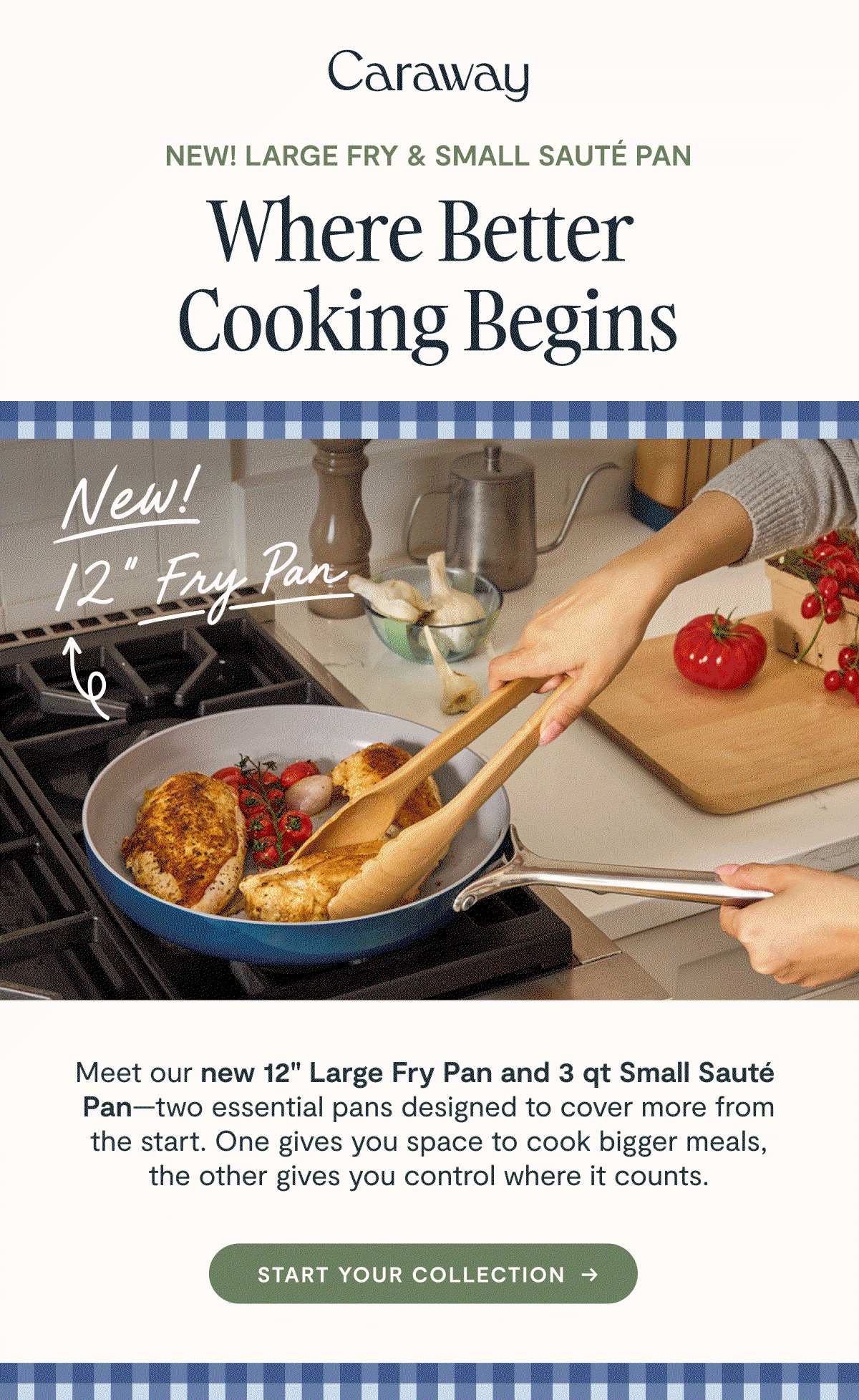 Caraway  NEW! LARGE FRY & SMALL SAUTÉ PAN  Where Better Cooking Begins  New! 12" Fry Pan  Meet our new 12" Large Fry Pan and 3 qt Small Sauté Pan—two essential pans designed to cover more from the start. One gives you space to cook bigger meals, the other gives you control where it counts.  [[START YOUR COLLECTION →]]