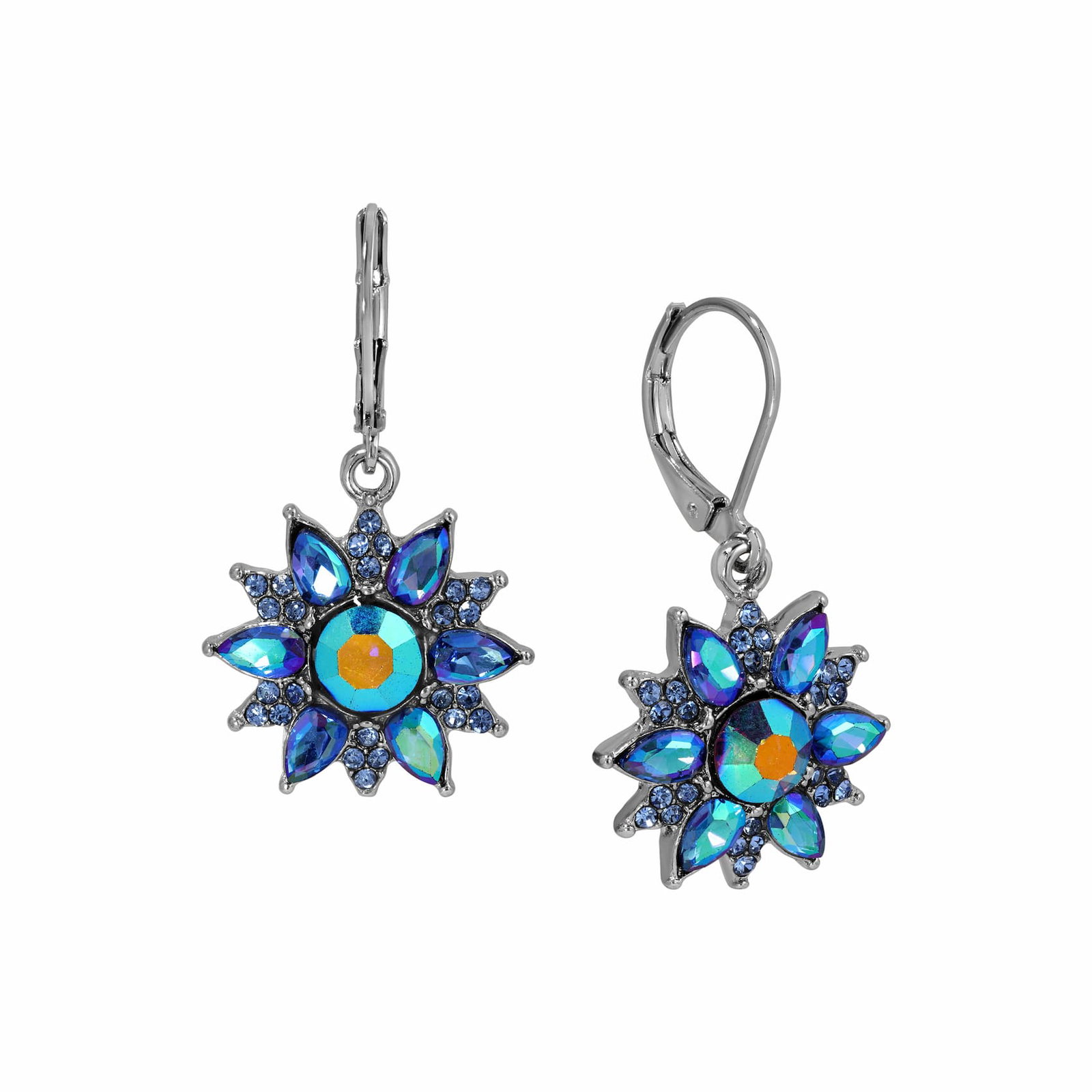 Blue Iridescent Crystal Sunburst Drop Earrings
