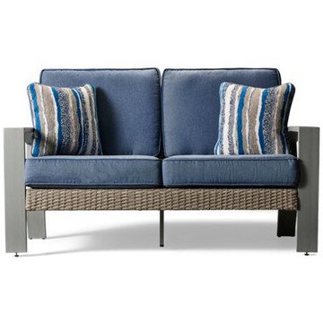 Half Moon Beach Loveseat - Woven Resin Wicker - Powder-Coated Aluminum Frame - High-Performance Nuvella Cushions - Slightly Arched Track Armrests