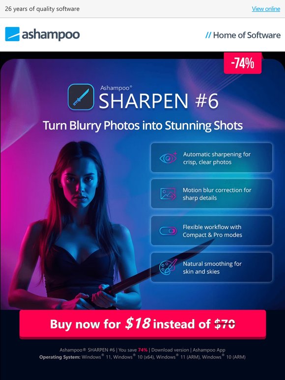74% discount - Ashampoo SHARPEN #6: Creative Tools for Expressive Images