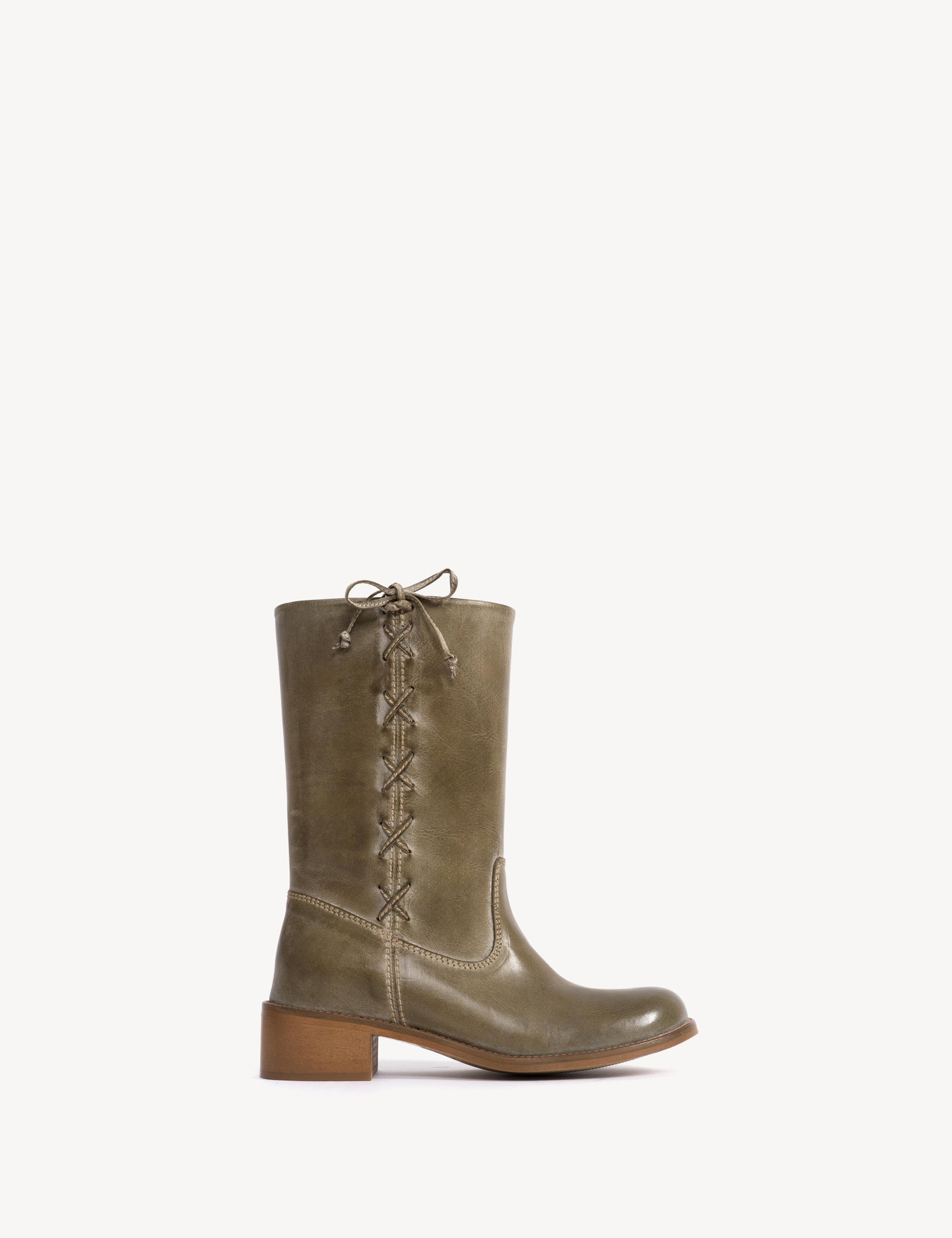 Image of Julia Gaucho Boot With Laces In Army Green Escovado Leather