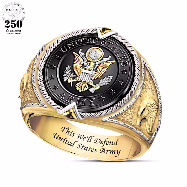  18K Gold-Plated Solid Sterling Silver, Black Onyx Stone, Raised-Relief Army Emblem