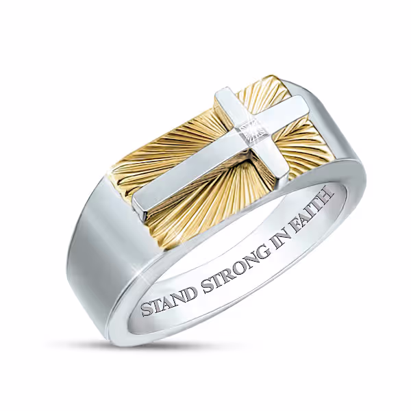 Sculpted Cross Diamond Ring In Stainless Steel With Etching