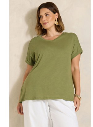 EVANS Curve Khaki Green Button Shoulder T-Shirt