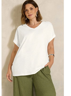 EVANS Curve Ivory White Button Shoulder T-Shirt