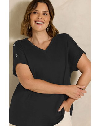 EVANS Curve Black Button Shoulder T-Shirt