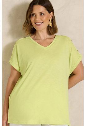 EVANS Curve Lime Green Button Shoulder T-Shirt