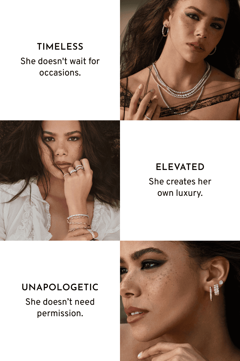 Three close up images of Antonia Gentry wearing diamond jewelry. Life in Natural Elegance. 