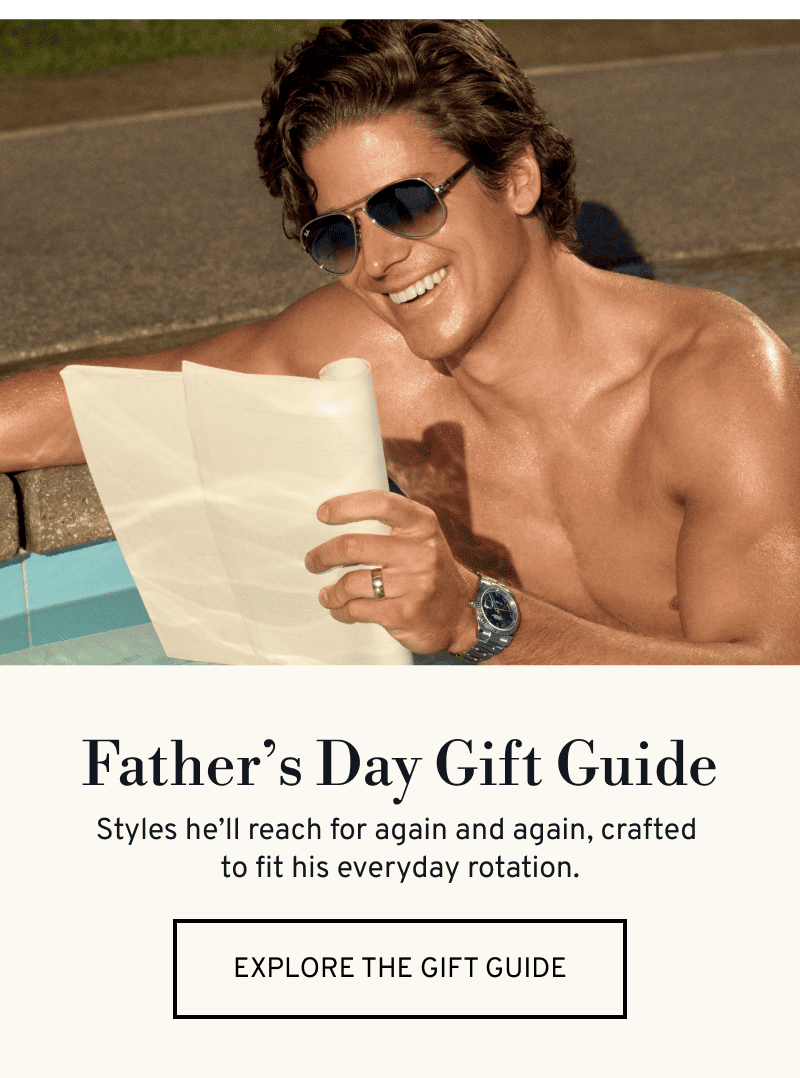 Male model in pool wearing jewelry. Father’s Day Gift Guide. Styles that fit his rotation. Click to Explore The Gift Guide