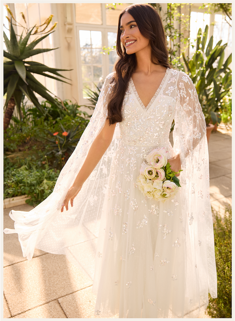 Freesia Shimmer Cape Sleeve Ankle Gown