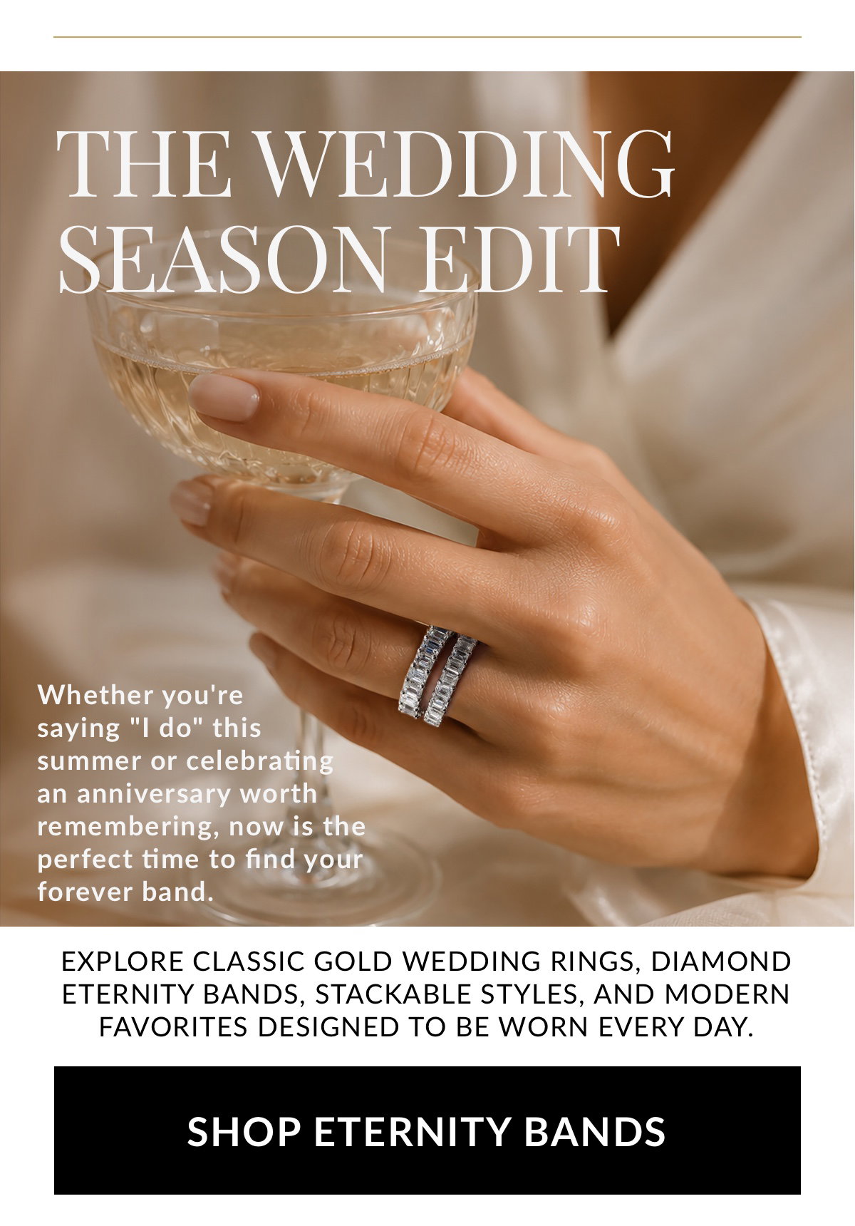 woman wearing two emerald cut eternity rings