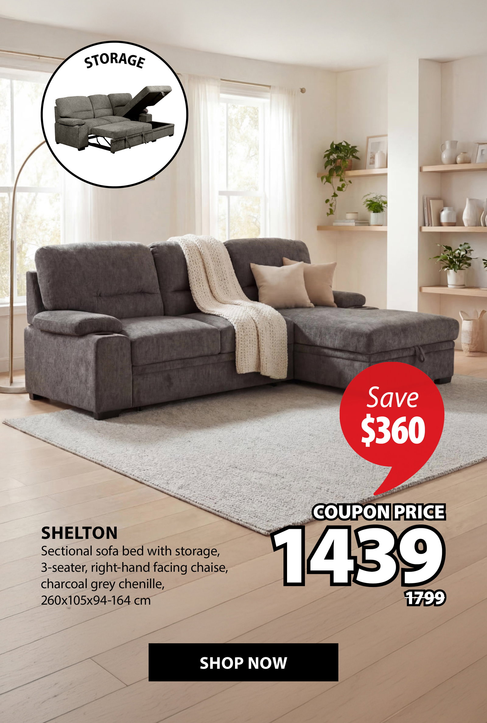 SHELTON Sectional sofa bed with storage | Save $360