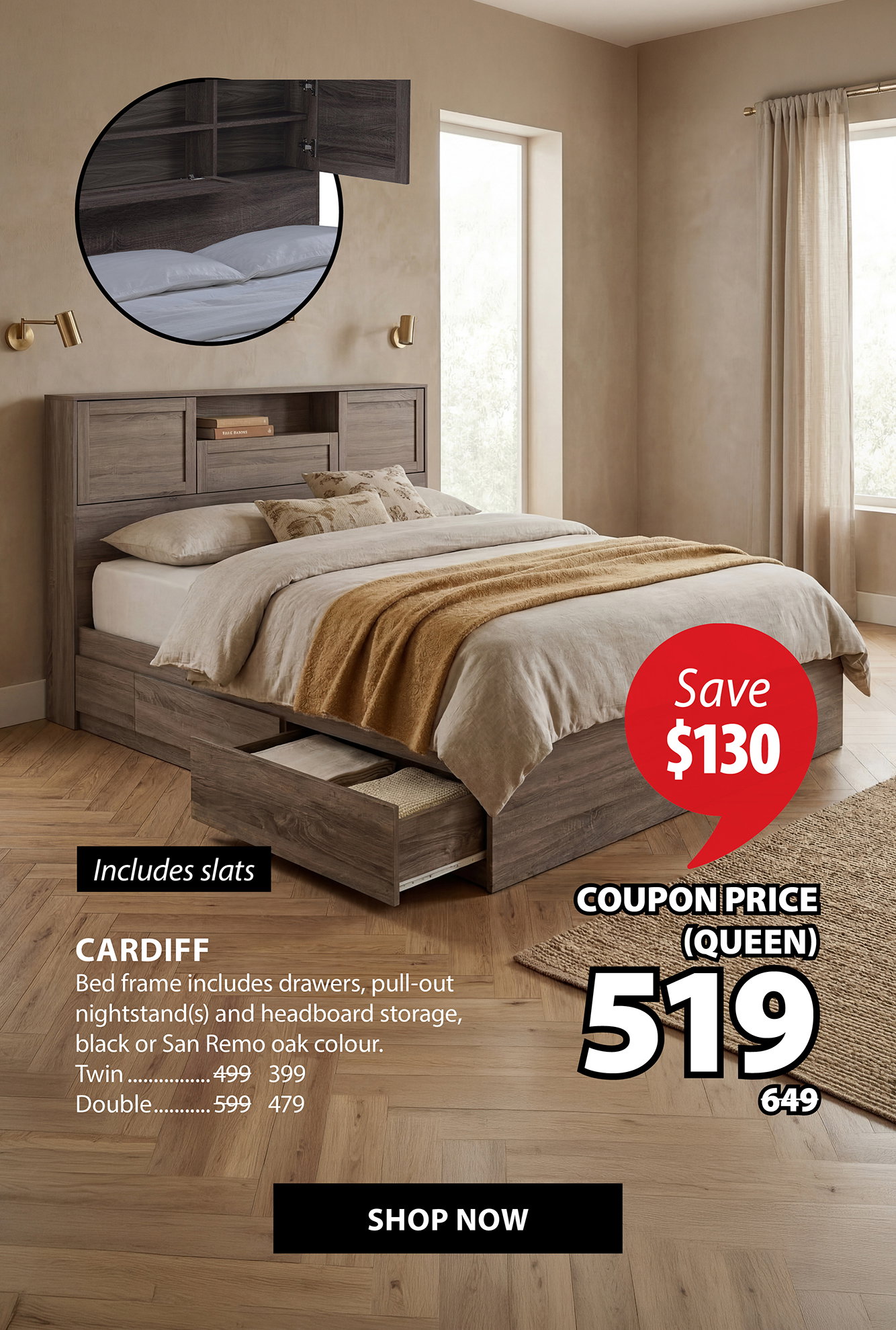 CARDIFF Bed frame includes drawers | Save $130