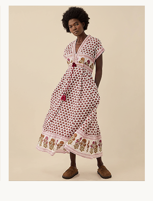 East Karmen Hand Woodblock Cotton Dress Pink