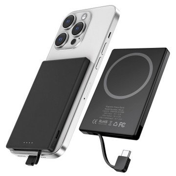 Magnetic Power Bank Charger with Built-In USB C or Lightning Cable
