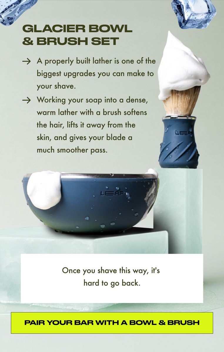 Leaf Shave's limited edition Glacier shave bar with ice cube graphics and promotional text about the product selling out three times
