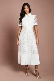 Petite Satin Trim Lace Shirt Midi Dress
