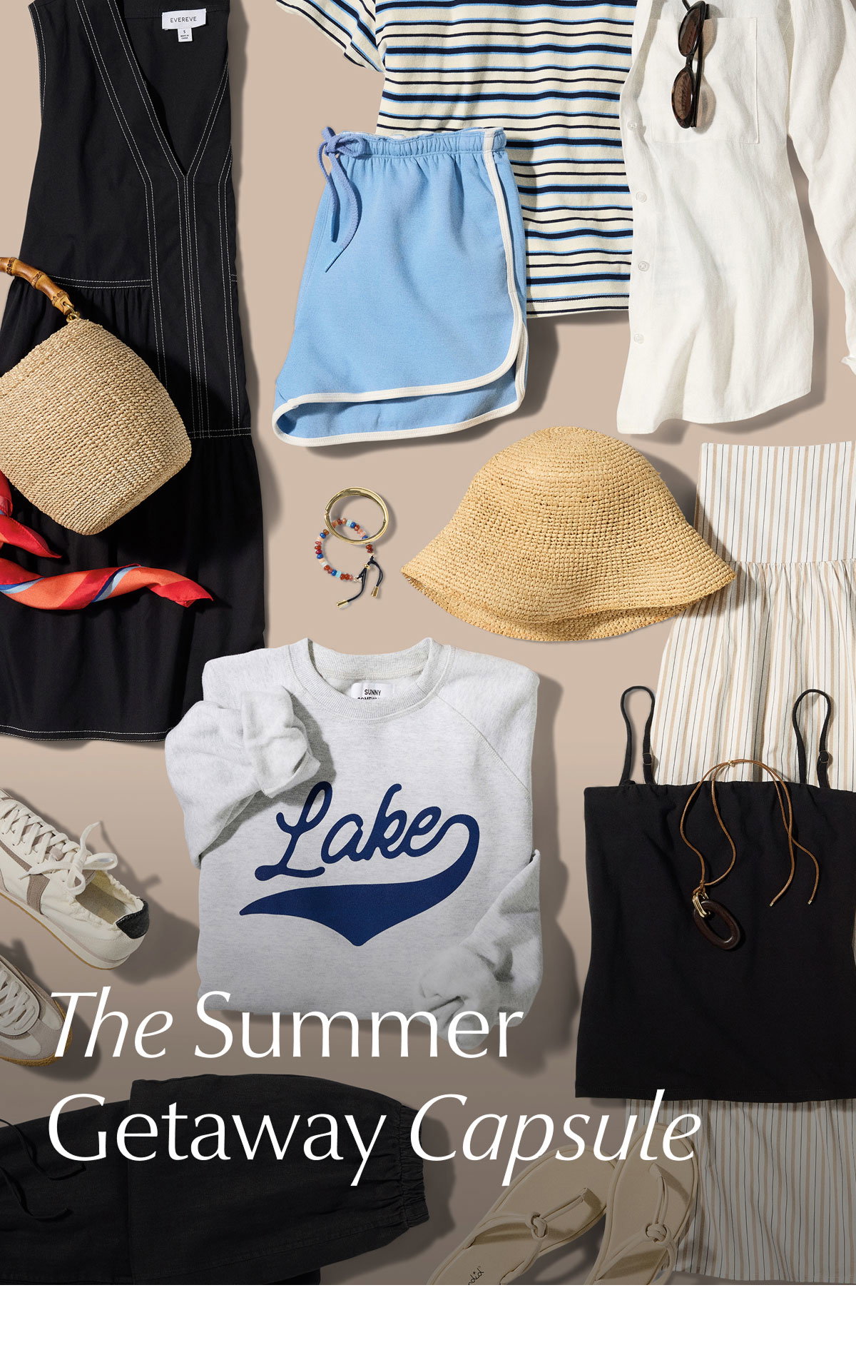 The Summer Getaway Capsule. Arial image of travel fashion and accessories.