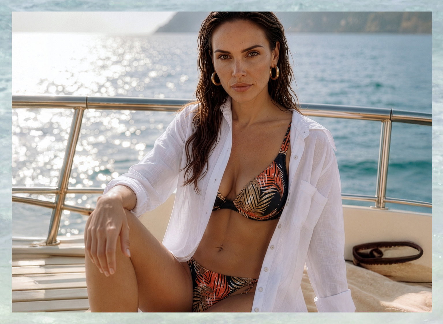  Een model zit op een boot, draagt een bikini met oranje-zwart bladmotief en een wit open overhemd, op de achtergrond zee en zon. 