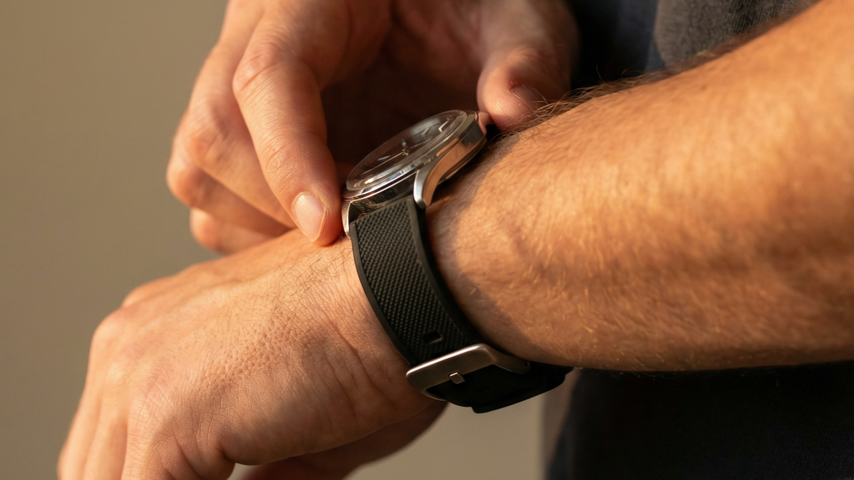 someone wearing a black elite silicone watch band