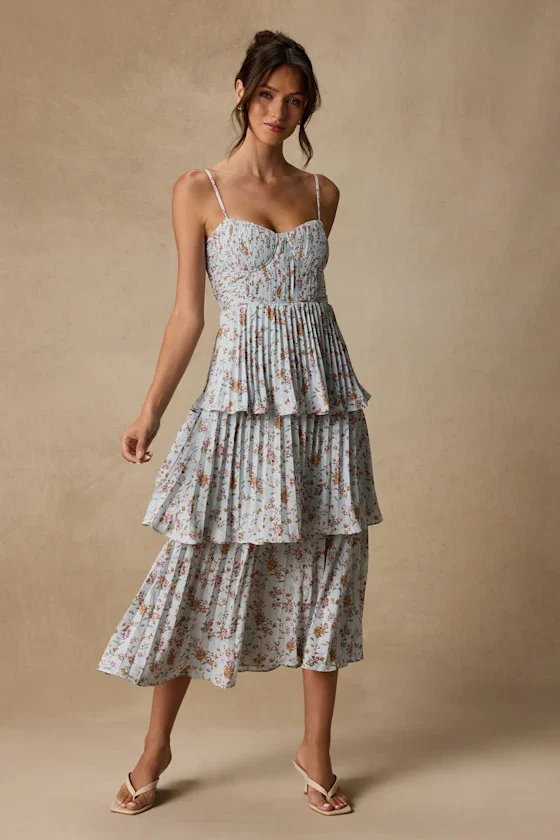 Image of Cascading Crush Pale Blue Floral Print Tiered Bustier Midi Dress