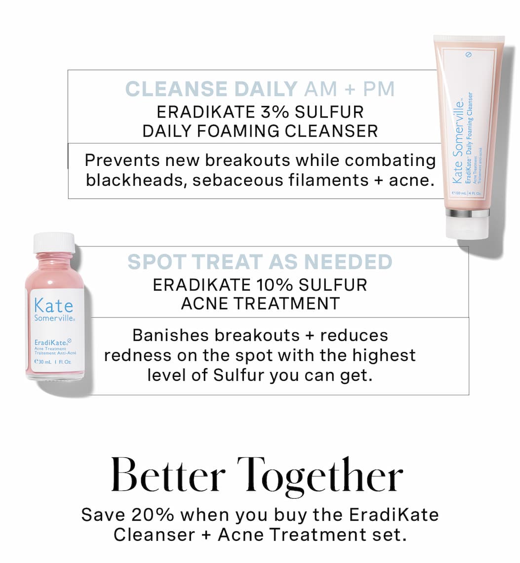 CLEANSE DAILY AM + PM: ERADIKATE 3% SULFUR DAILY FOAMING CLEANSER | SPOT TREAT AS NEEDED: ERADIKATE 10% SULFUR ACNE TREATMENT | BETTER TOGETHER: Save 20% when you buy the EradiKate Cleanser + Acne Treatment set.