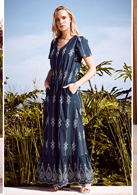 Navy Blue Floral Embroidered Cotton Maxi Dress