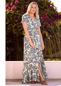 Ivory White & Blue Ditsy Floral Button Maxi Dress