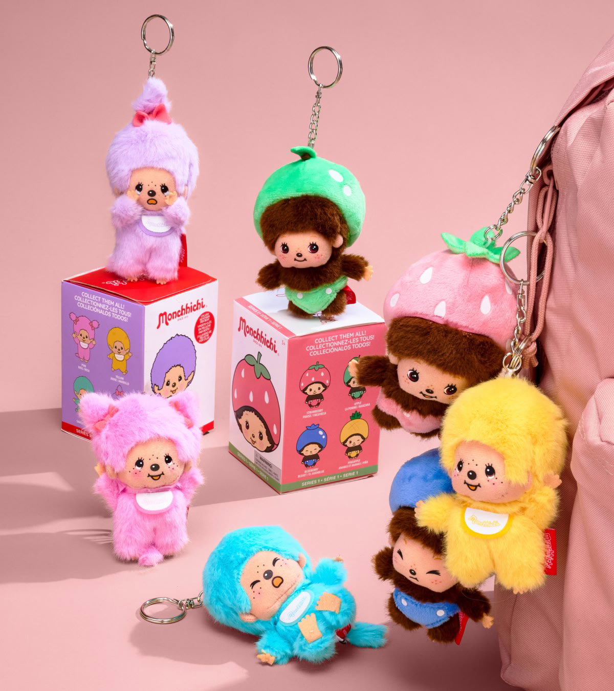 Shop bag charms, featuring blind boxes from Monchhichi