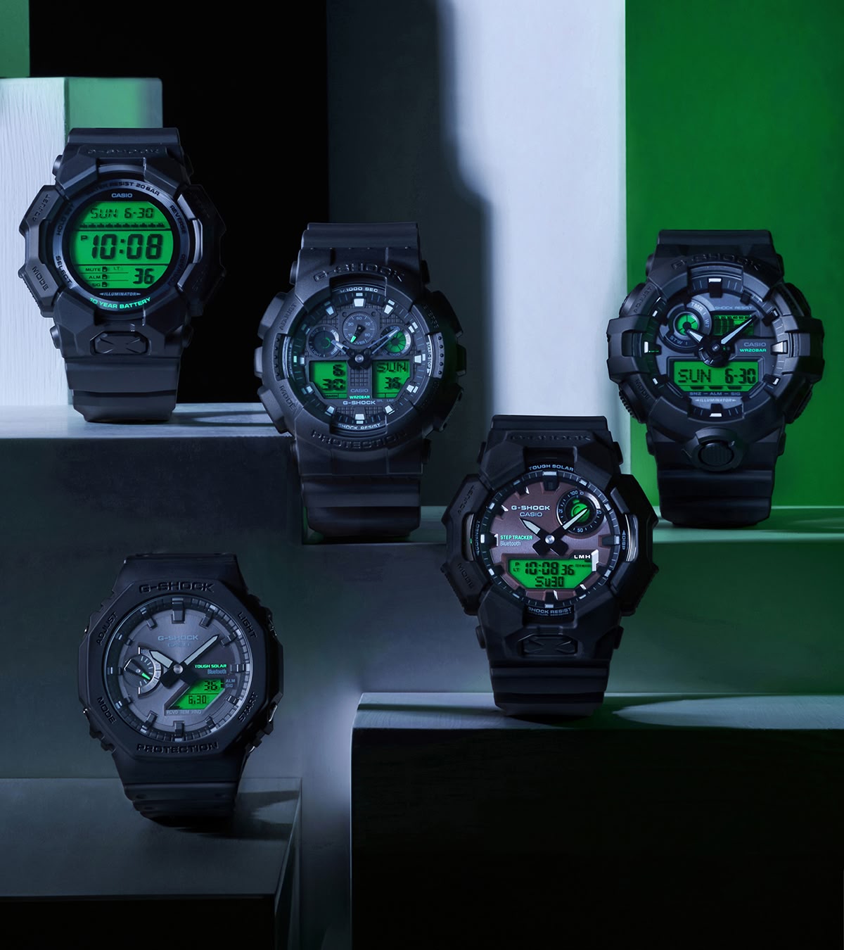 Shop watches, including the new black and green collection from G-Shock