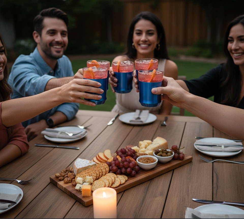 Friends cheering with cocktails in Aurora rocks glasses over a charcuterie board at an outdoor dinner