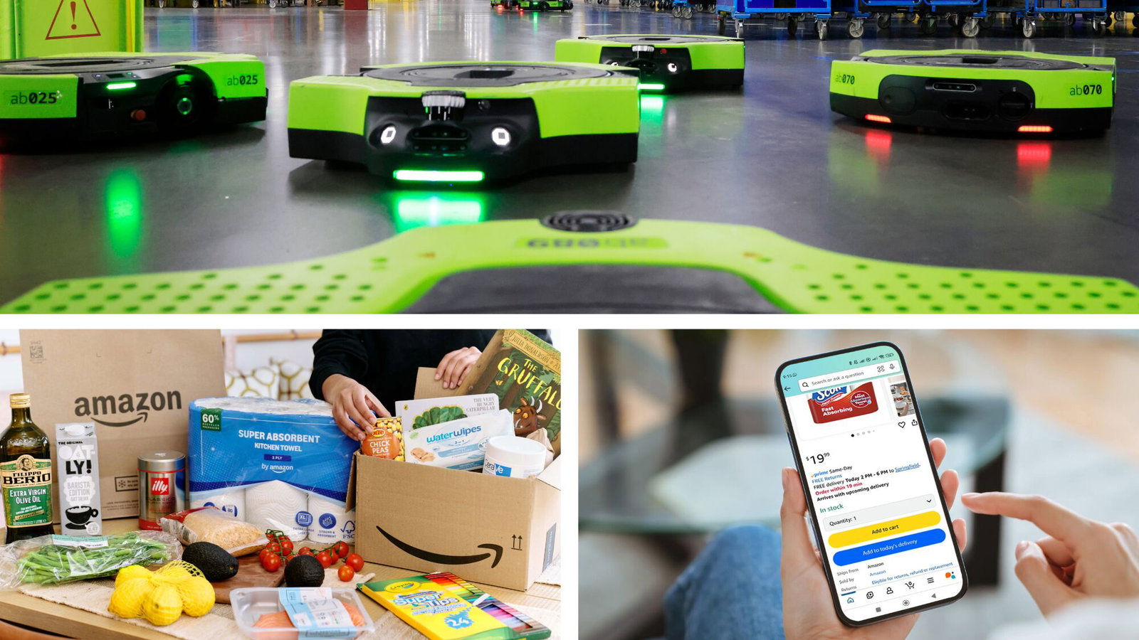 A collage of robots in a fulfillment center, grocery delivery, and Amazon shopping app. 