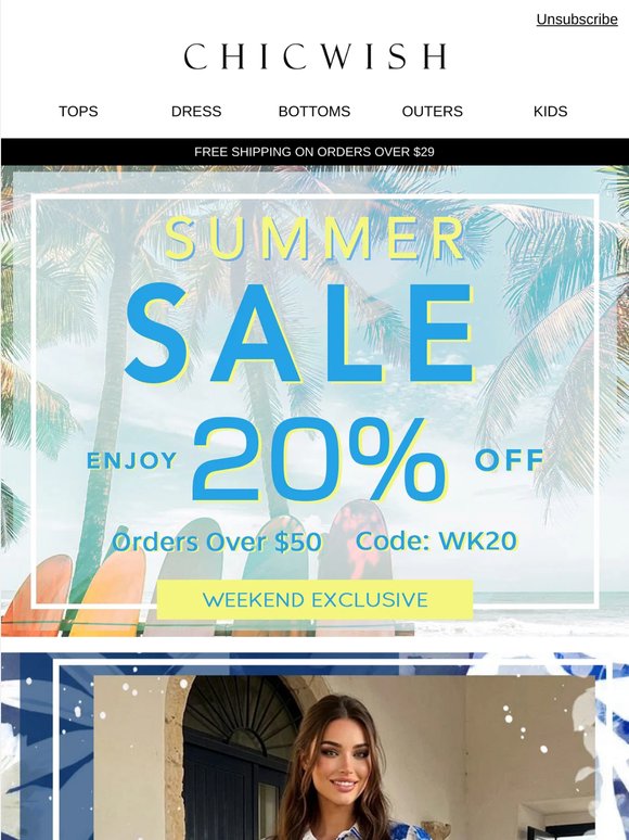 Limited-time Weekend Summer Sale: 20% off dreamy holiday outfits🌴