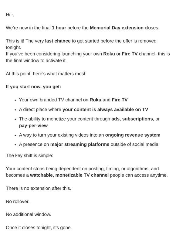 1 Hour Left: Final Chance to Secure Your Roku & Fire TV Channel Setup Offer