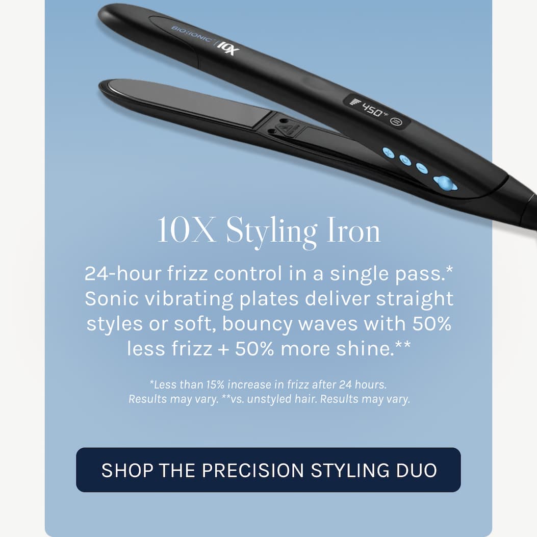 10X Styling Iron 24-hour fizz control in a single pass with vibrating plates deliver straight styles or soft bouncy waves with 50% less frizz and 50% more shine