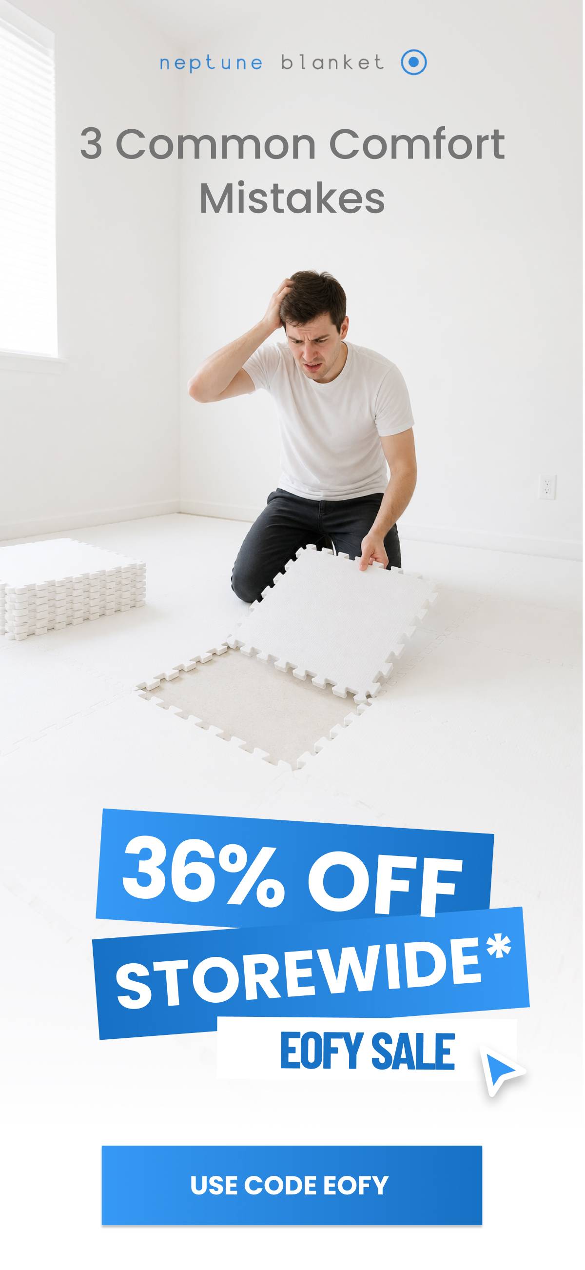 A man kneels on a white floor, holding a white interlocking foam tile and looking frustrated, with a stack of tiles to his left and text overlay readi...