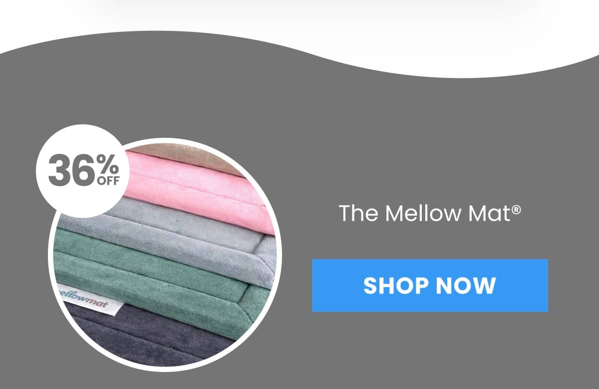 A close-up shot displays stacked mats in various colors including pink, grey, green, and dark grey, with a white circle on the left showing '36% OFF' ...