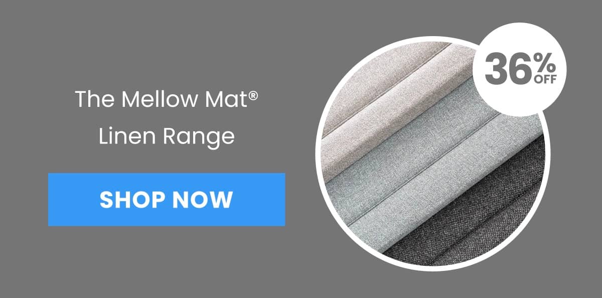 A medium shot displays 'The Mellow Mat® Linen Range' text on the left, with a blue 'SHOP NOW' button below it, and a circular inset on the right showi...