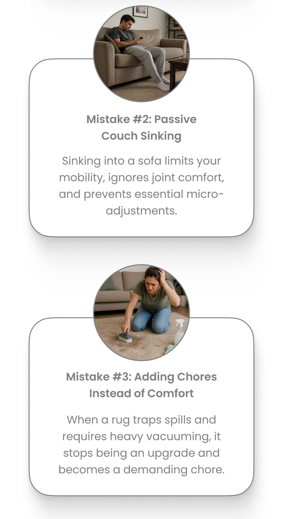 A man sits on a couch looking at his phone, with text 'Mistake #2: Passive Couch Sinking Sinking into a sofa limits your mobility, ignores joint comfo...