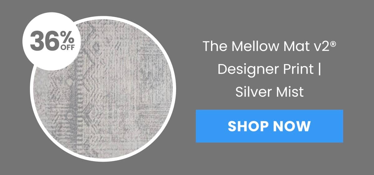 A close-up of a circular rug with a geometric pattern in shades of grey and white, overlaid with a white circle containing '36% OFF', next to text tha...