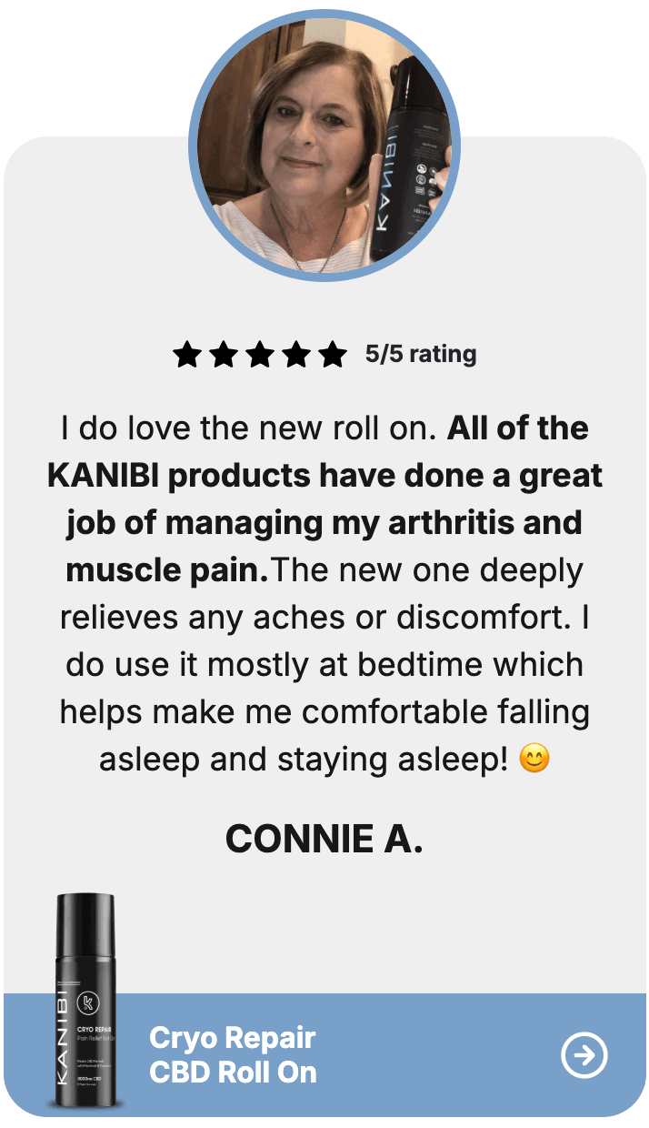 5 stars 5/5 rating I do love the new roll on. All of the KANIBI products have done a great job of managing my arthritis and muscle pain. The new one deeply relieves any aches or discomfort. I do use it mostly at bedtime which helps make me comfortable falling asleep and staying asleep! Connie A.
