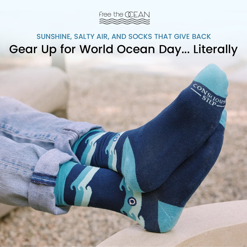 Socks with a purpose! Celebrate World Ocean Day with comfortable, certified vegan socks that protect our oceans.