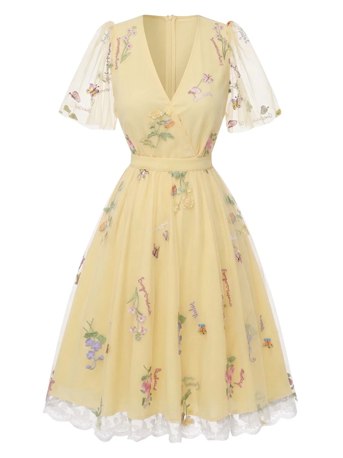 [Pre-Sale] Yellow 1950s Floral Puff Sleeve Mesh Embroidered Dress