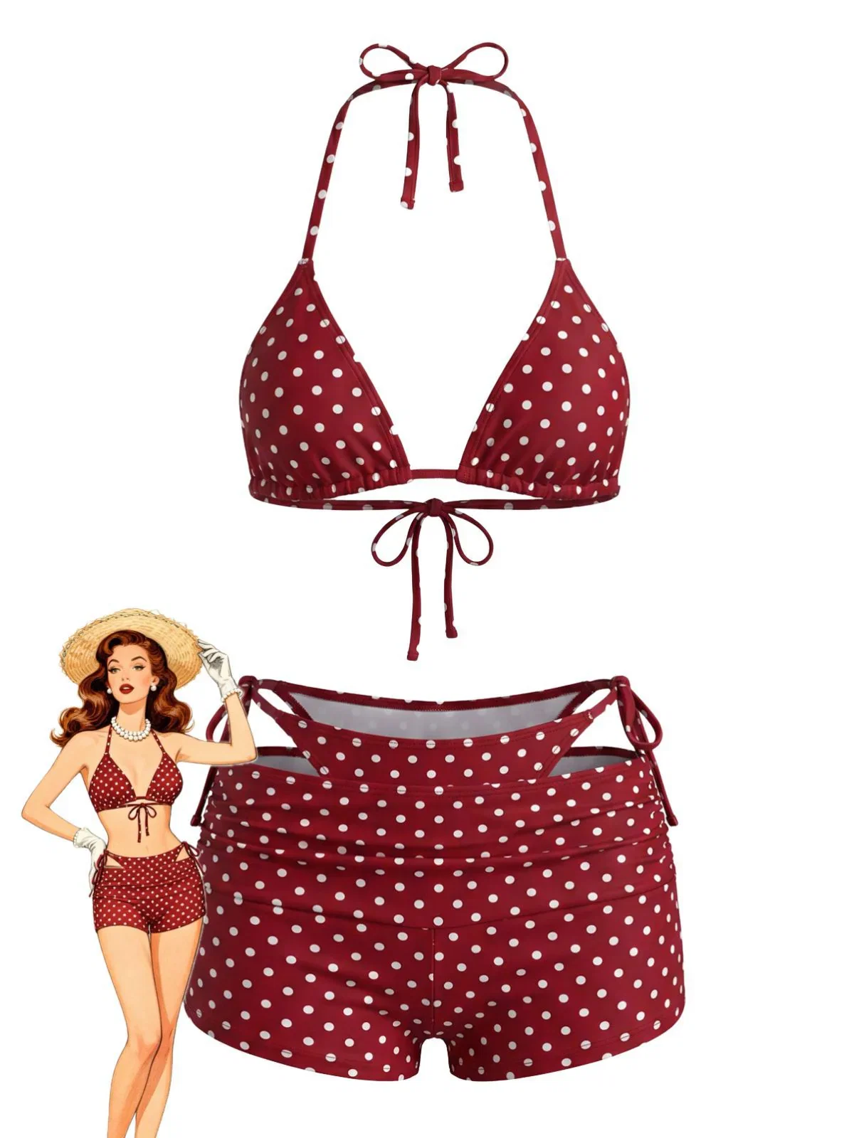 3PCS 1950s Polka Dot Halter Tie Shorts Bikini Set
