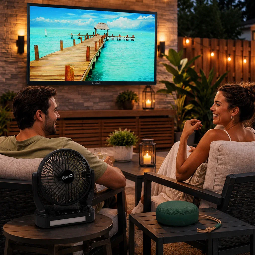 Couple relaxing on outdoor patio watching tropical beach scene on TV with portable fan and speaker