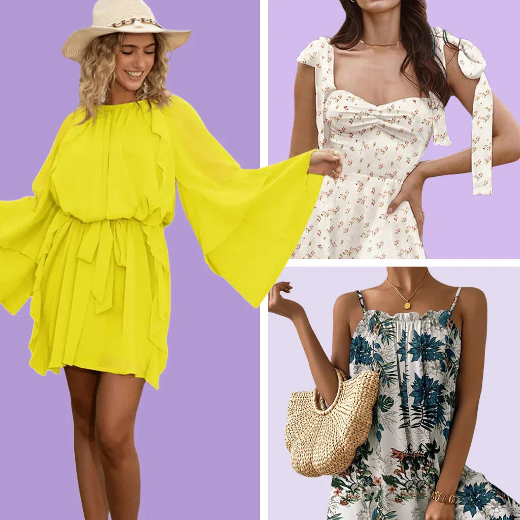 Chic YC New Arrivals: Yellow flutter dress, floral print dress, and botanical camisole with straw bag against purple background.