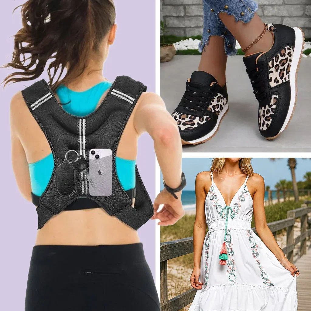 Berry Charmz newest collection featuring a sports backpack, leopard print sneakers, and white beach dress with tassel details.
