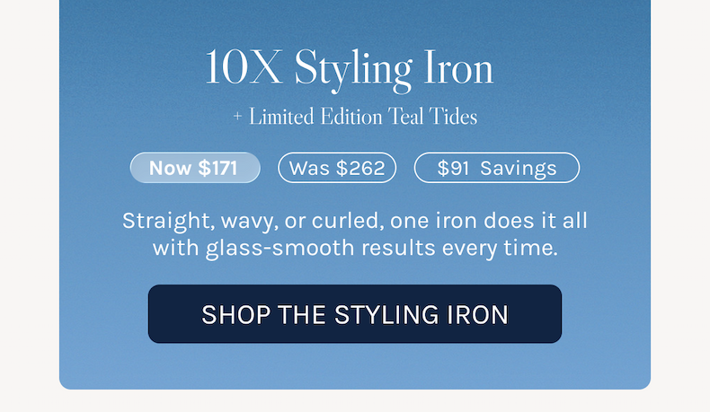 10X Styling Iron 24-hour fizz control in a single pass with vibrating plates deliver straight styles or soft bouncy waves with 50% less frizz and 50% more shine