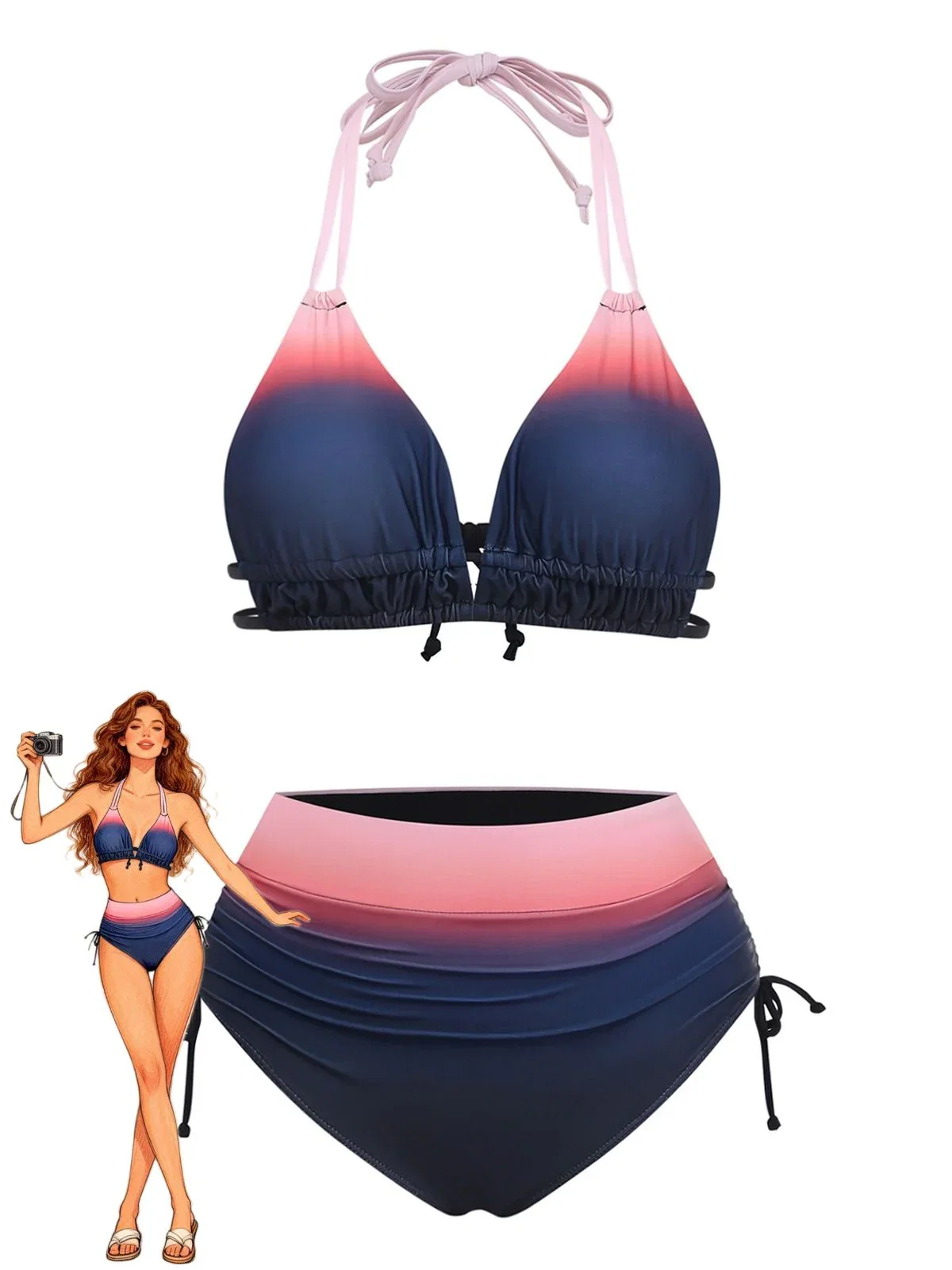 [Pre-Sale] 1950s Halter Ombre High-Waist Ruched Bikini Set